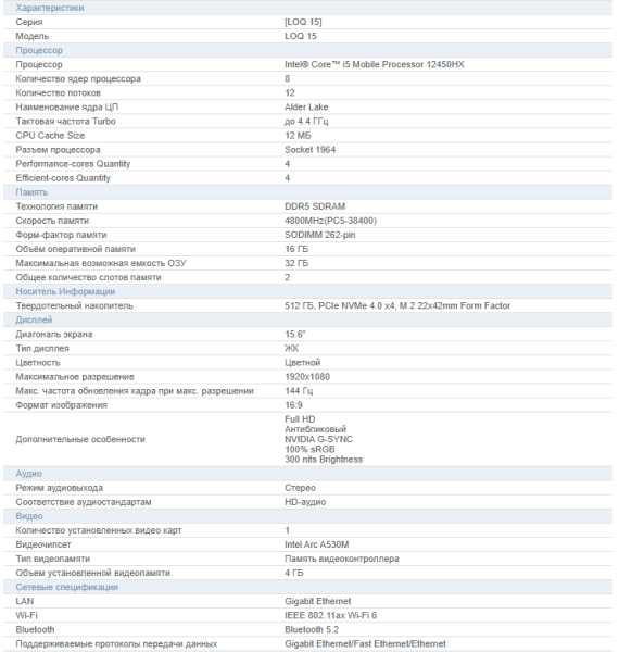 Ноутбук Lenovo LOQ 3 15.6 FHD 144Hz I5-12450HX 16 512GB intel A53OM 4GB GDDR6 Backlit Luna Grey